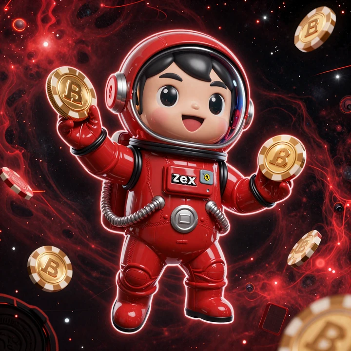 1Red Casino Maskottchen Astronaut im roten Raumanzug mit Goldm&uuml;nzen vor rotem Nebel